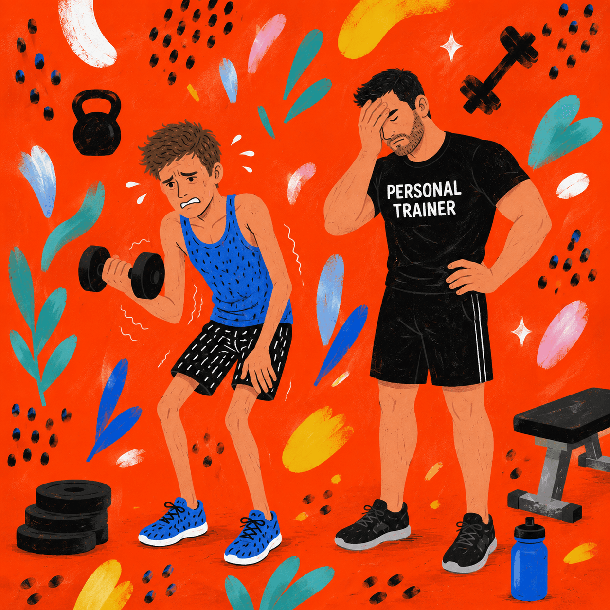 A skinny lifter struggling with a dumbbell while a personal trainer facepalms
